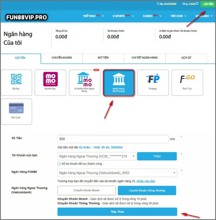 Thực hiện nạp tiền Fun88 qua ngân hàng địa phương