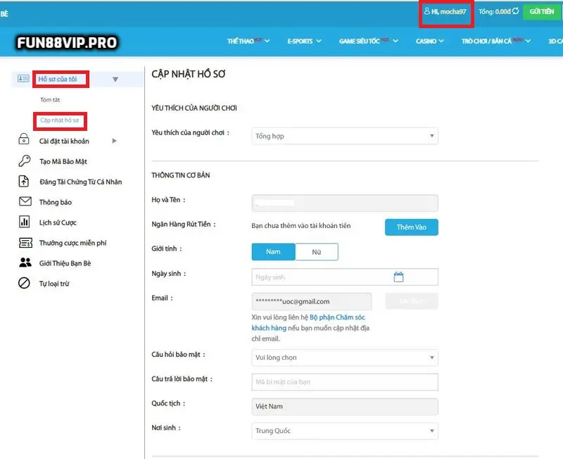 Cập nhật hồ sơ thông tin tài khoản Fun88